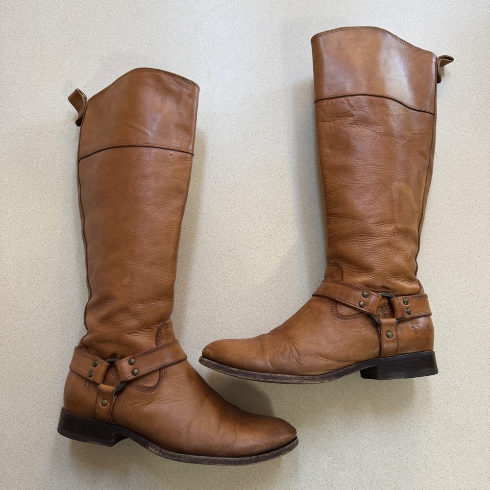 Frye Melissa Harness Tall Leather Boots Cognac Tan 76927 Womens 9.5 B